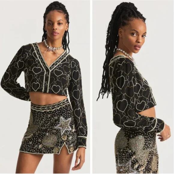 LoveShackFancy Sweaters - LOVESHACKFANCY LSF Norima Crop Black Beaded Heart Cardigan Sweater Women's Large